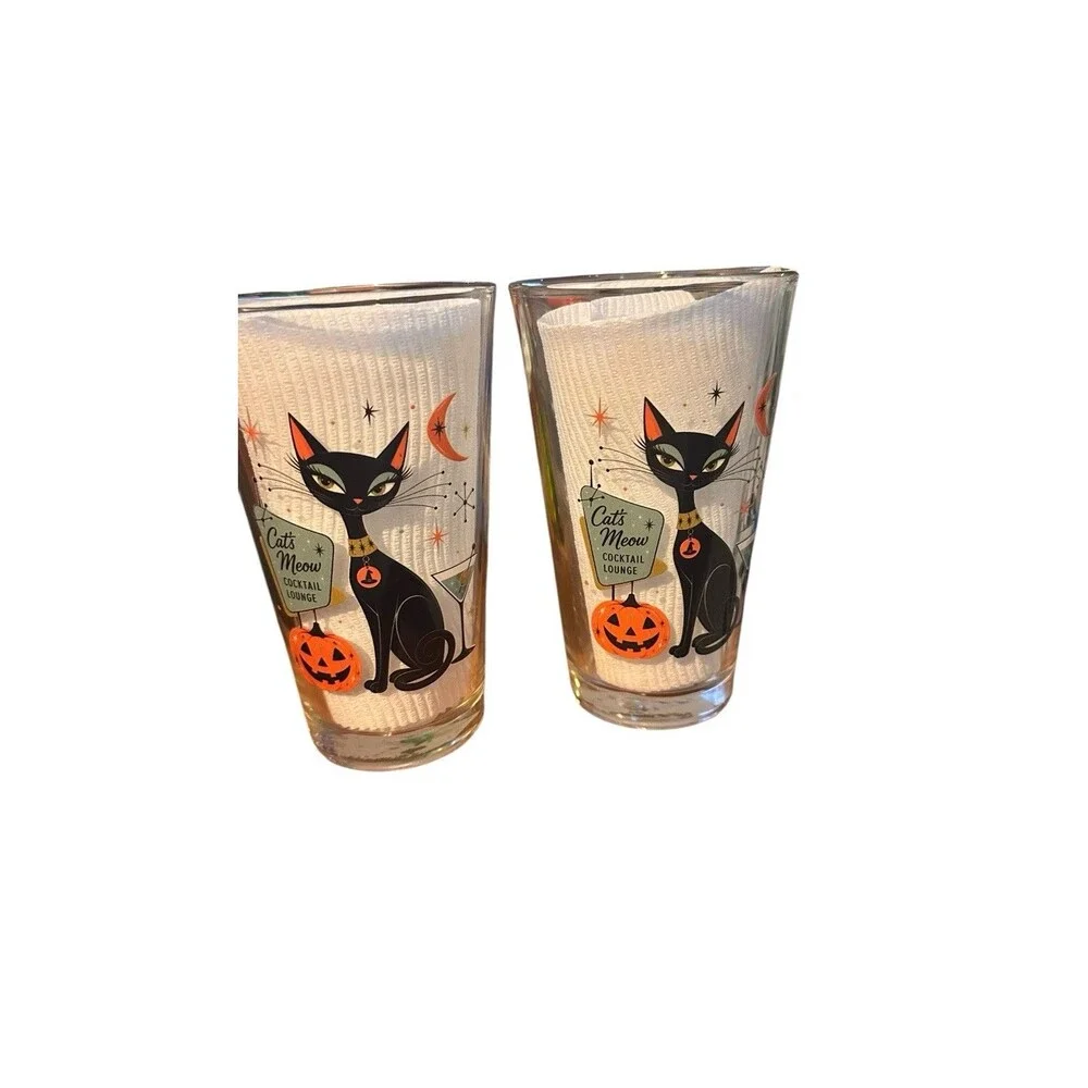 2- 16 oz Retro Halloween Black Cat Cocktail Glass, Heavy Pilsner Beer Glass